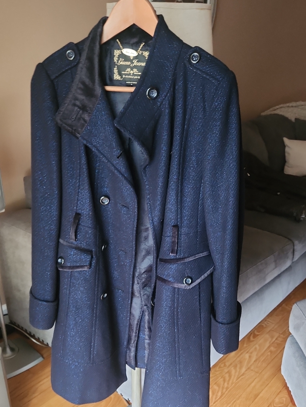 Guess Sparkle Navy Double-Breasted Pea Coat